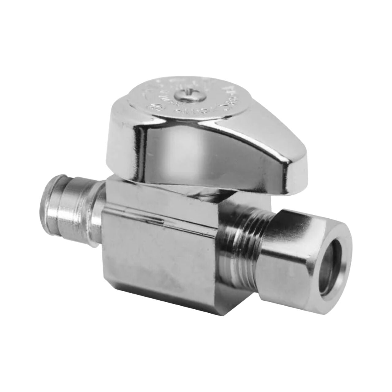 A close-up of the Go Build 1/2 in. Cold Expansion PEX Inlet x 3/8 in. Comp Outlet 1/4-Turn Straight Stop valve, chrome-plated with a round handle, shown isolated on a white background.